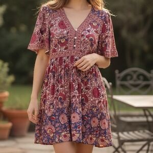 BA&SH Floral Print V Neck Short Sleeve Button Front Midi Dress Size S Cottage